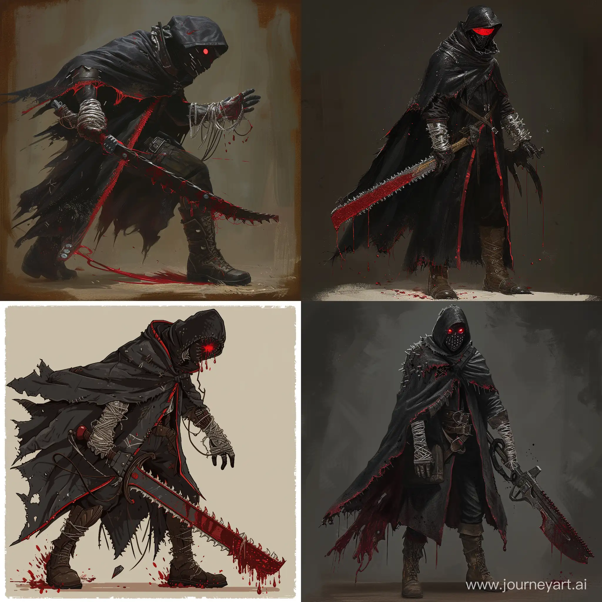 A man wearing Tattered black cloak with red trim Silver threaded gloves and boots Leather mask with eerie red lenses wielding a Weapon, Saw Cleaver transformed into a vicious serrated blade, 1990's pixel art, 1970's dark fantasy style, bloodborne style, gritty, dark, blood on weapons, edgy