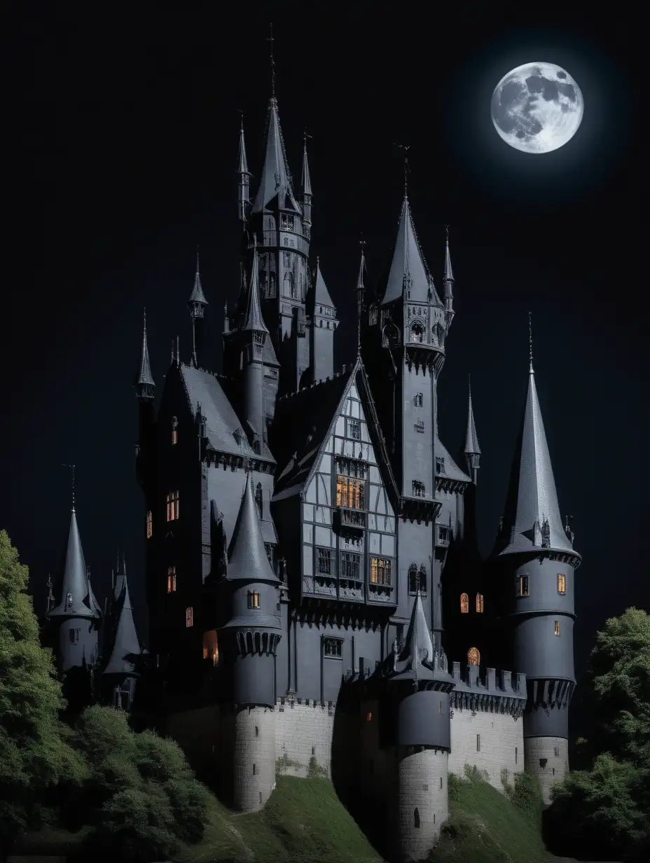 Gothic castle with spires and small windows. At night. The color of the castle is black. 