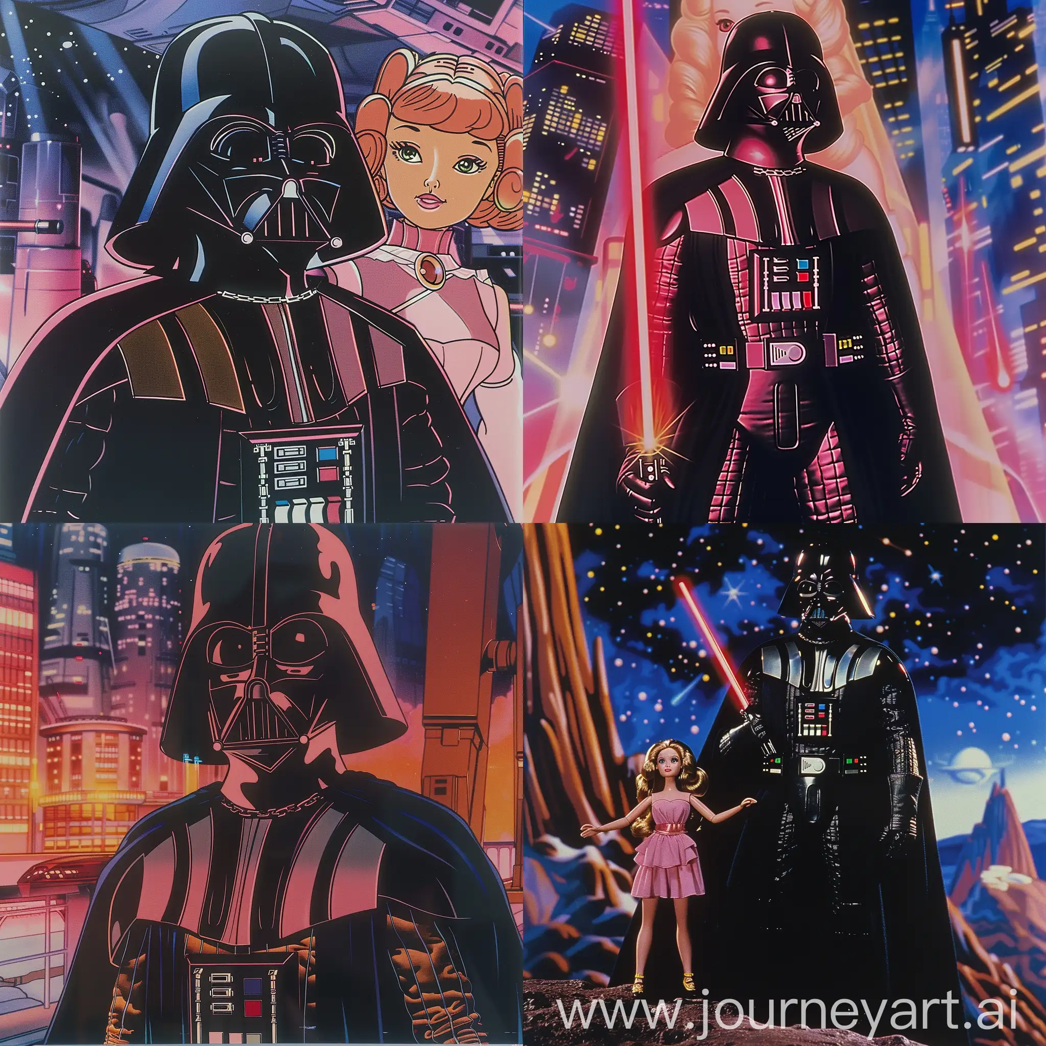 Darth Vader in anime genre film, dvd screenshot from anime film, barbie costume and 80s anime film composition