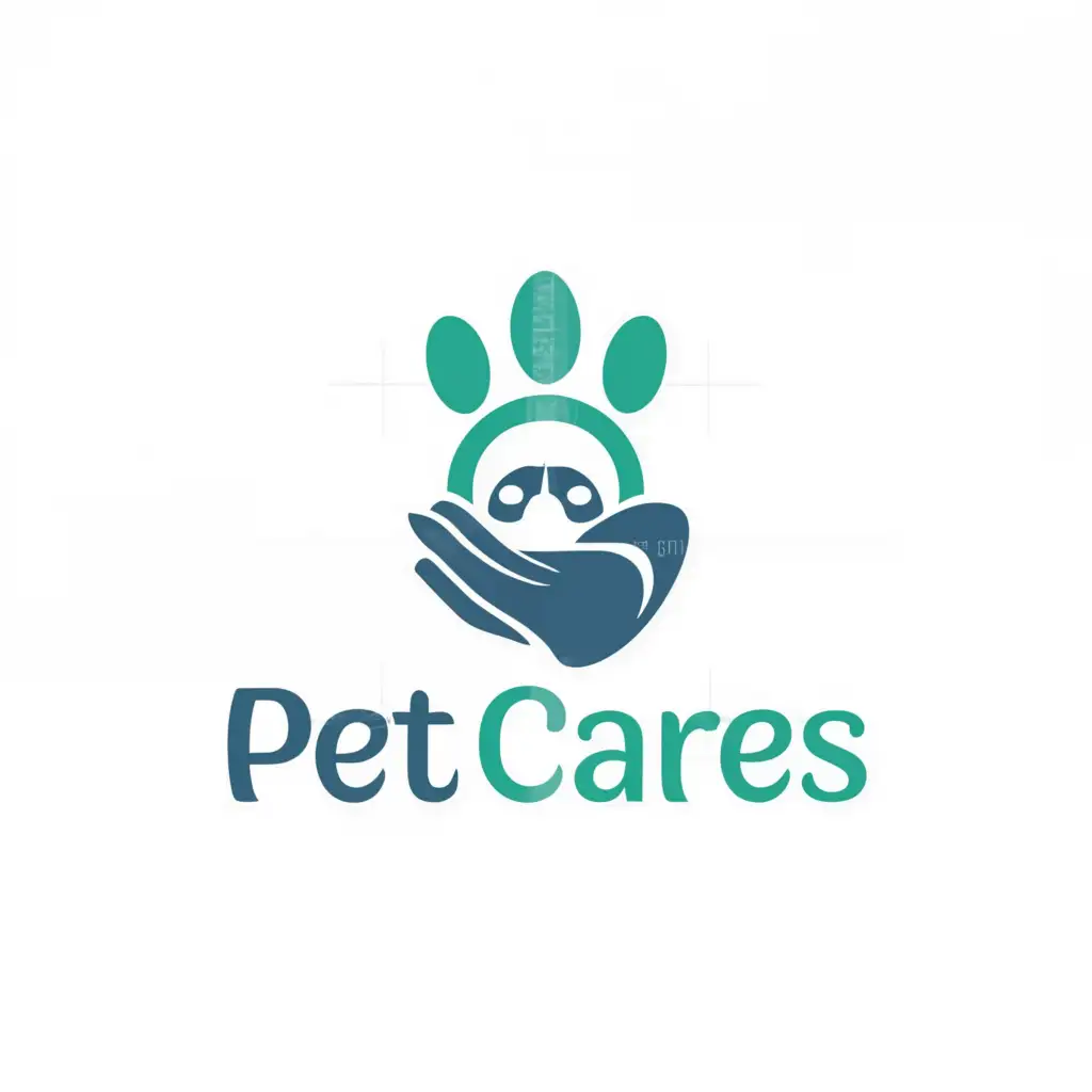 a logo design,with the text "Pet Cares", main symbol:Pet and hand,Moderate,be used in Animals Pets industry,clear background