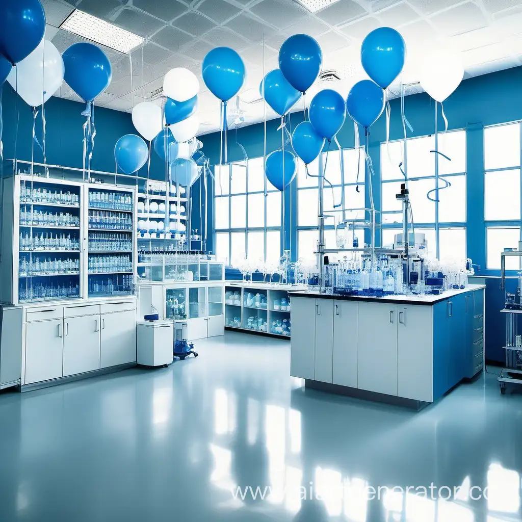Химическая лаборатория украшенная воздушными шарами, Основные цвета синий и белый, 