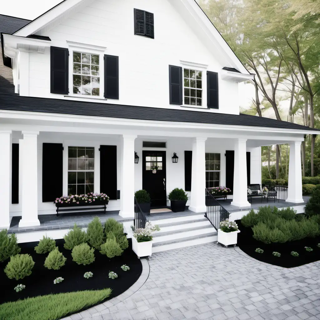 New England style exterior of home, white siding, black shutters, flower boxes under windows, black door, French windows, porch, gray pavers on driveway and walkway to home, eaves 
