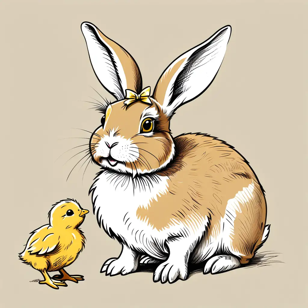 Easter Bunny and Chick Sketch on White Background