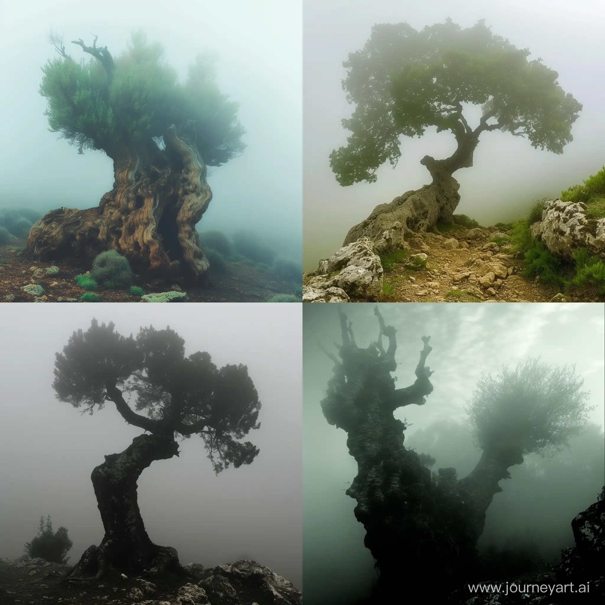 The image of a thousand-year-old tree is foggy.