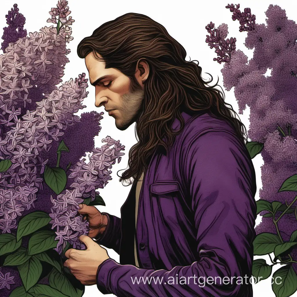 Profile-of-Dark-BrownHaired-Man-Enjoying-Lilacs