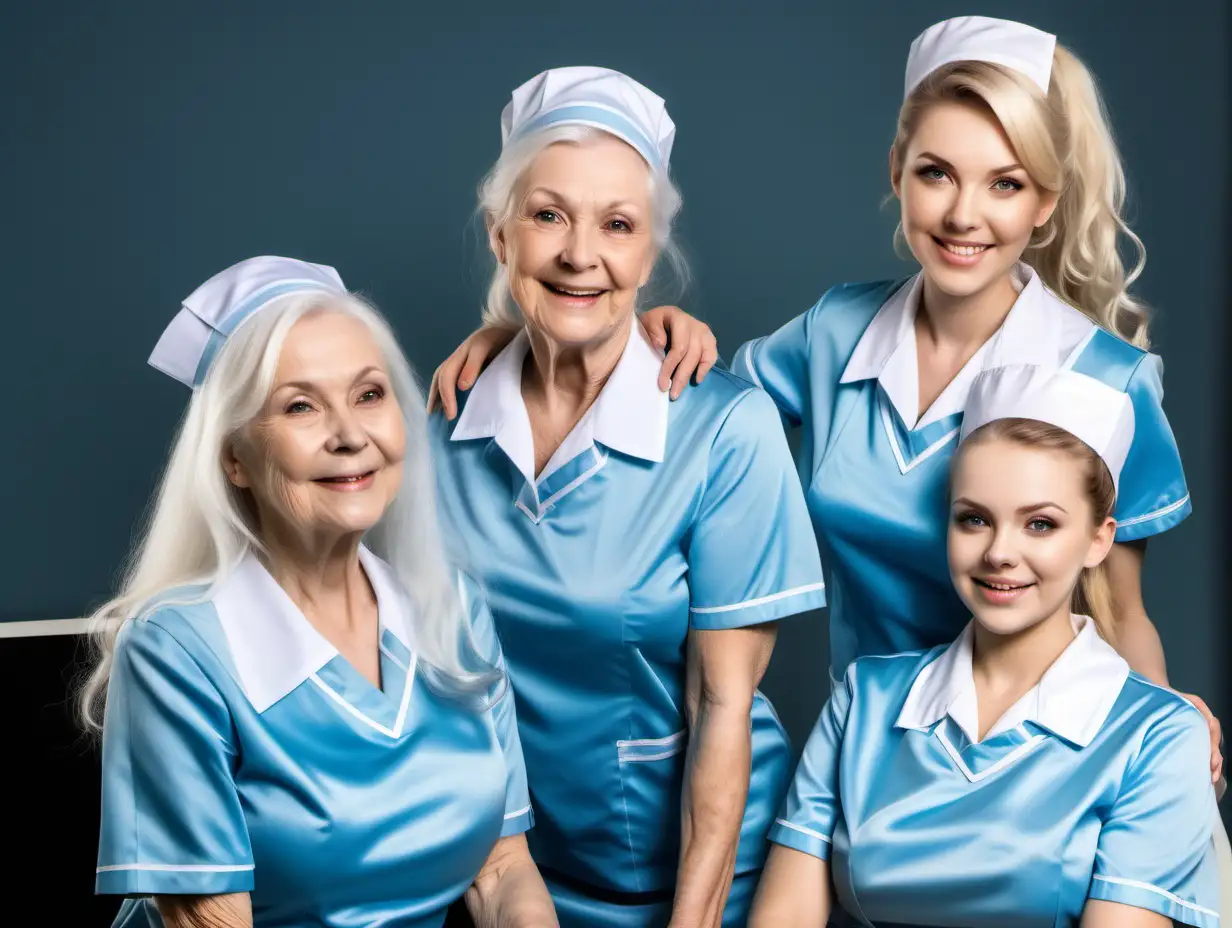 two black and blonde hair elderly mothers and their litle daughters in satin sky blue english nurse uniforms smiled by their mistress