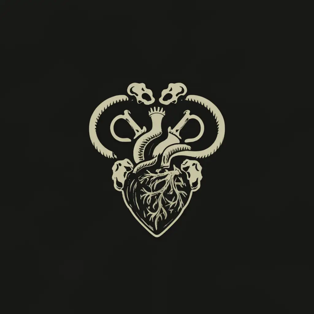 a logo design,with the text "Real anatomical Heart with Medicine/ doctors symbol surrounded by a big snakes with small skull, black background, and white logo.", main symbol:Real anatomical Heart with Medicine/ doctors symbol surrounded by a big snakes with small skull, black background, and white logo.,Minimalistic,clear background