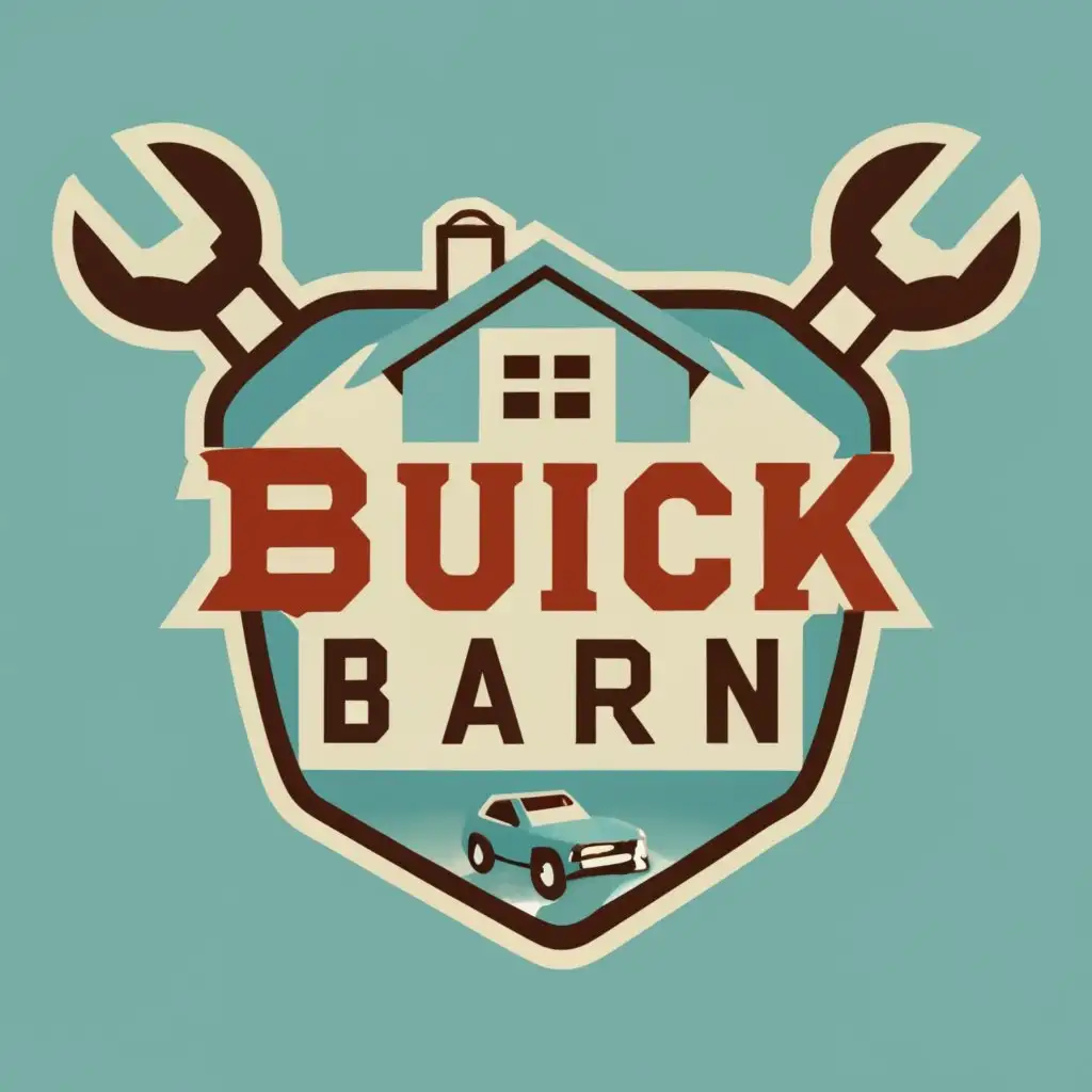 logo, sky blue and white colors, featuring a garage and wrenches, with the text 'Buick' and 'Barn' in stylish typography, with the text "Buick Barn", typography