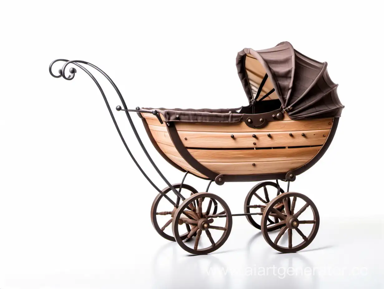 Vintage-Wooden-Baby-Carriage-with-Iron-Handle-on-White-Background