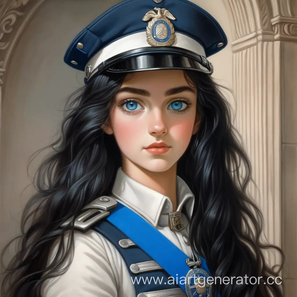 Красивая молодая девушка с черными длинными слегка волнистыми волосами и голубыми глазами полицейский в Франции 1800