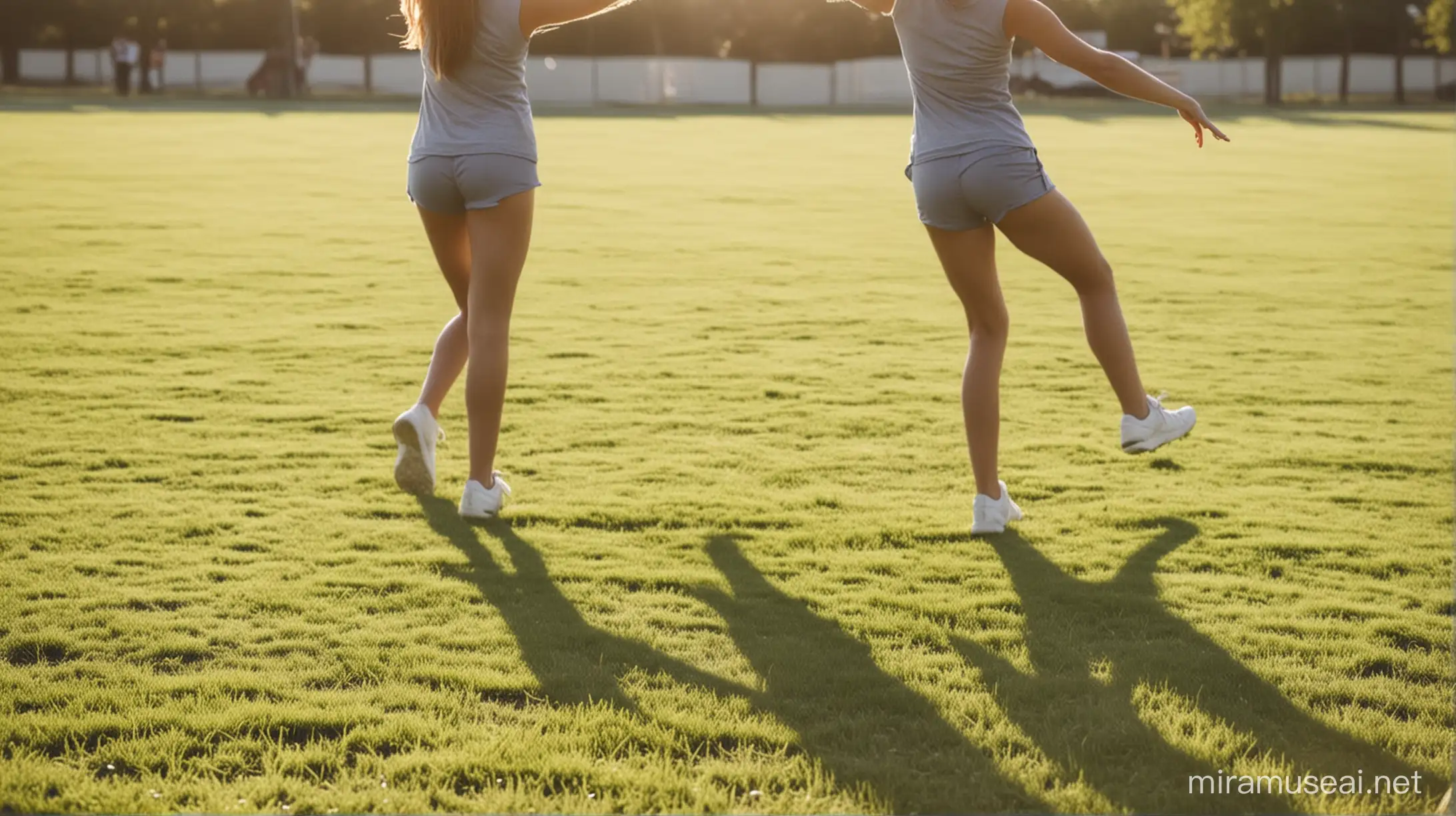 Blurry Silhouette of Girls Stretching on Lush Green Field