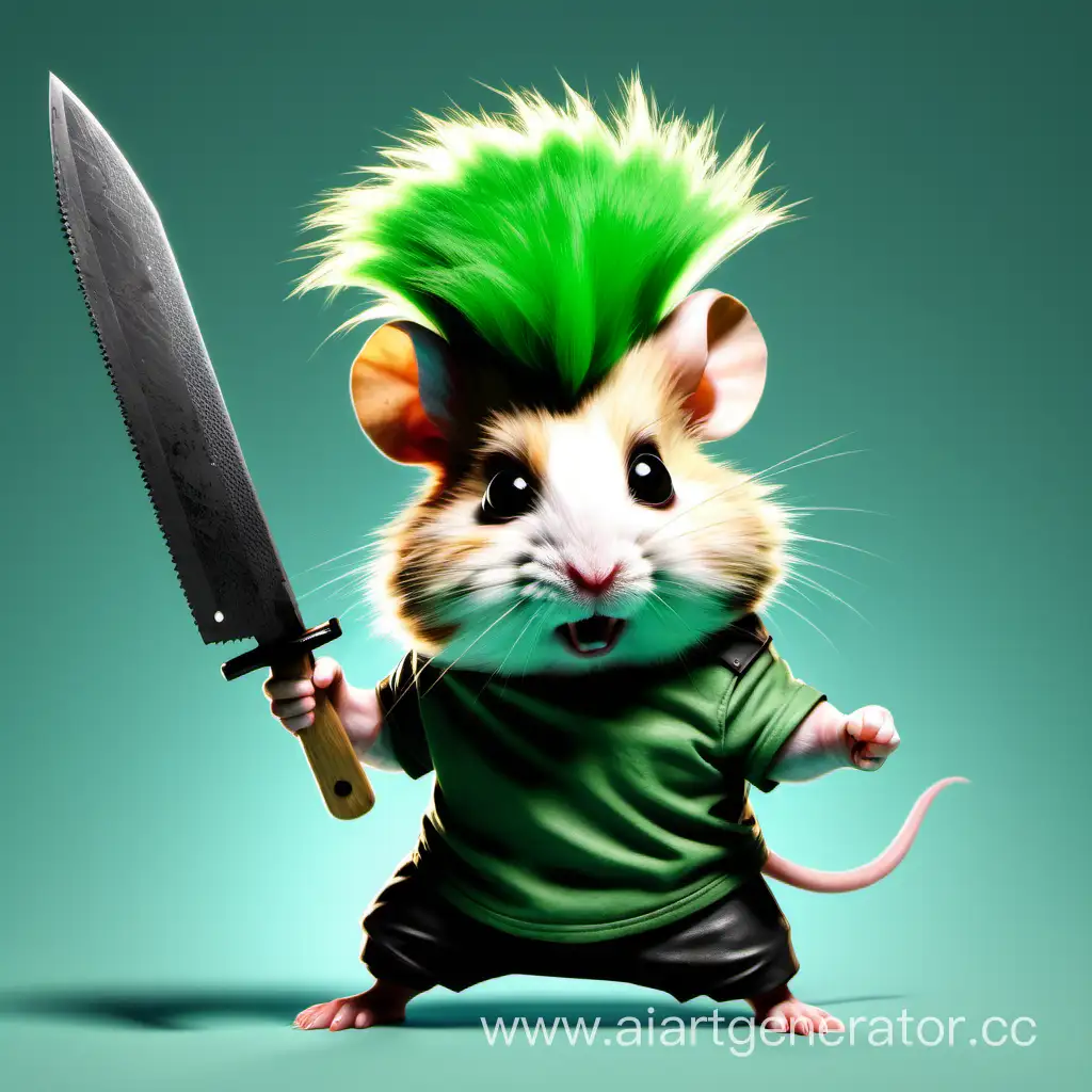 A hamster with a green mohawk clutches a machete in his fist