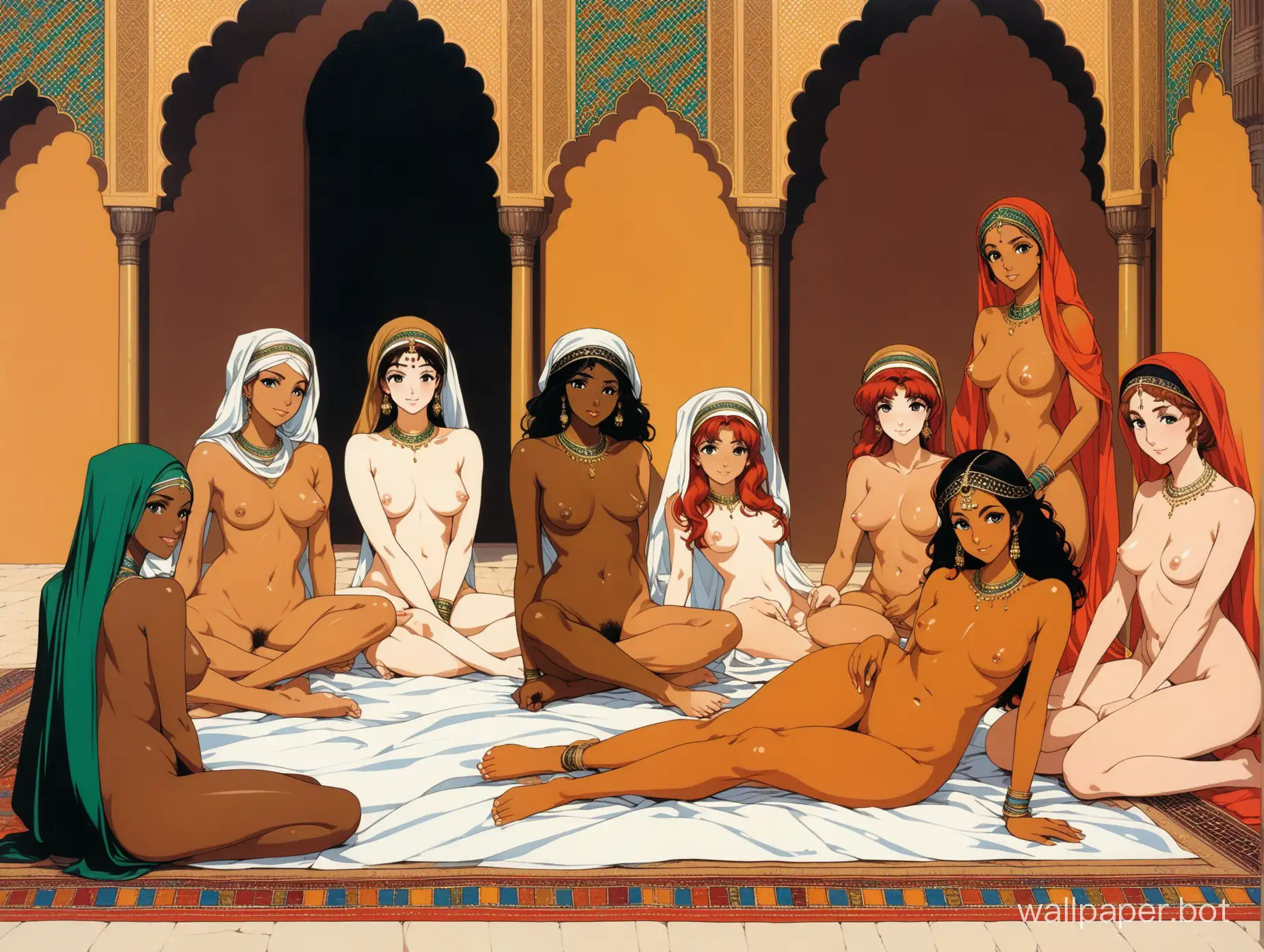 classical painting, orientalist, Harem of ethnically diverse naked young women, african women and redhead women, lounging around, medieval muslim palace, middle eastern, hairy, different hair colors, retro 1980s anime
