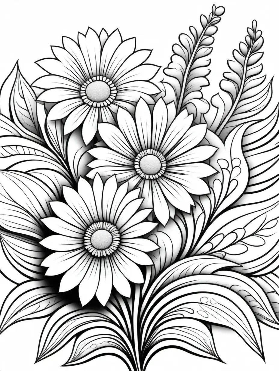 coloring page, artistic, coloring pages for adults, flowers, black and white, white background, no shading, simple design, digital art, clean lines, crisp lines, black bold lines