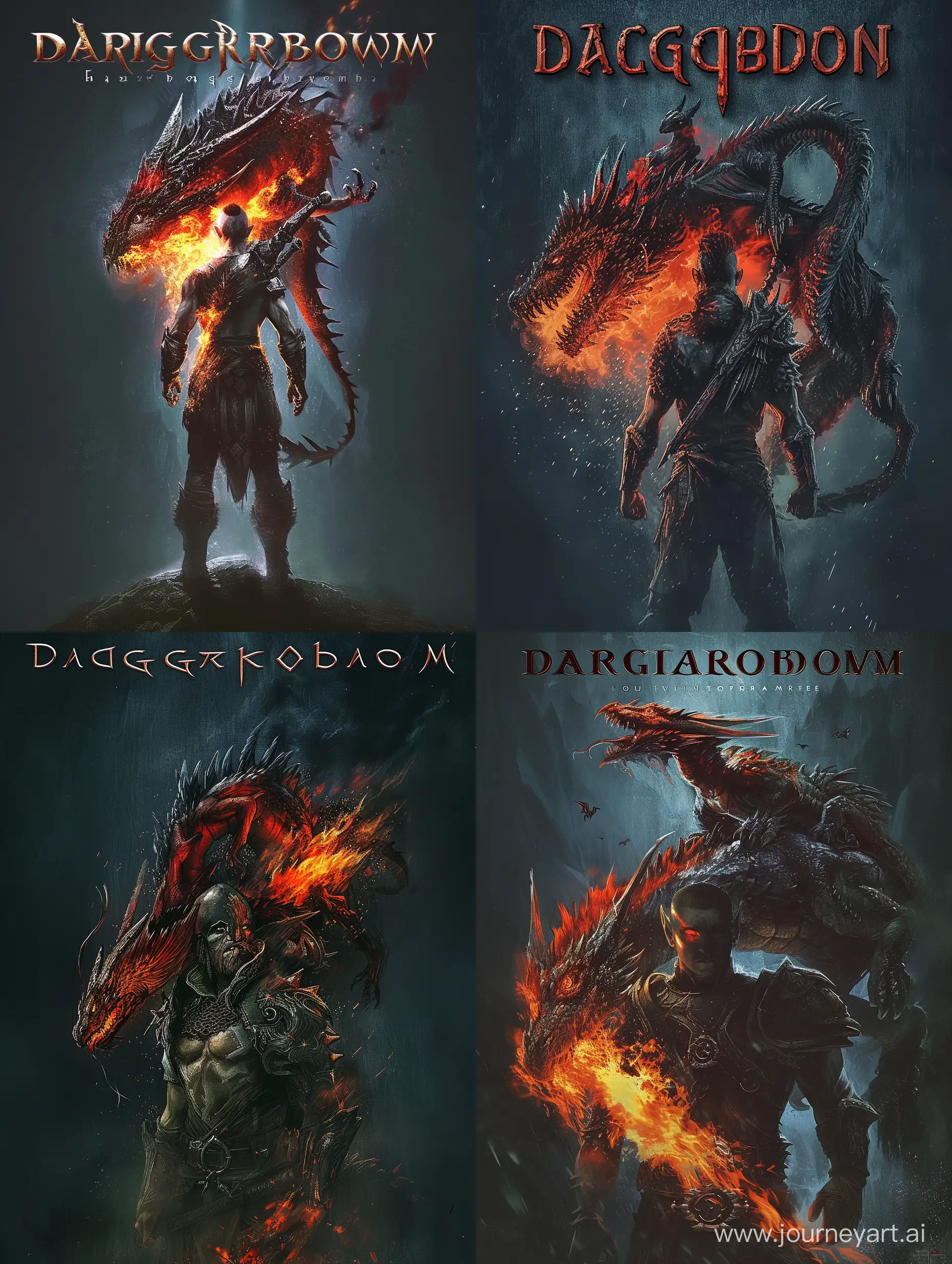 A picture in dark colors for a group called dragonborn (from the game skyrim). In the picture, a dragonborn with a red and black dragon on his back, who breathes fire. At the top, dragonborn is written in large letters in a skyrim-style font