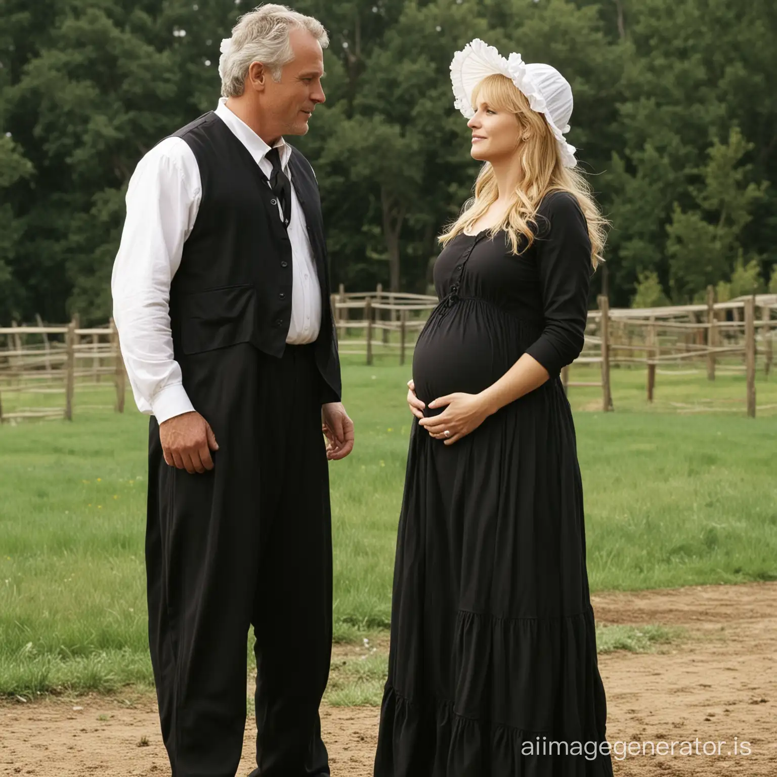 Major Samantha Carter from SG1 wearing a black floor-length loose billowing Amish maternity maxi dress with an apron and a frilly white bonnet kissing an old man who seems to be her newlywed husband