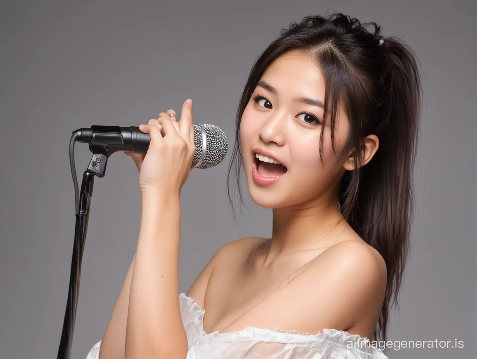 An Asian 18-year-old female singer holding a microphone with her hand and singing (it's important to depict normal finger expression), with clothes removed below the waist.
