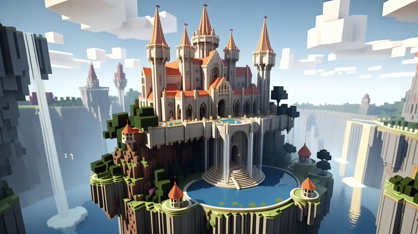 A minecraft style floating castle in the sky, it is on a floating island with waterfalls going over the edge. It is a beautiful and elegant castle of light stone with circular towers and spires with colorful roof.