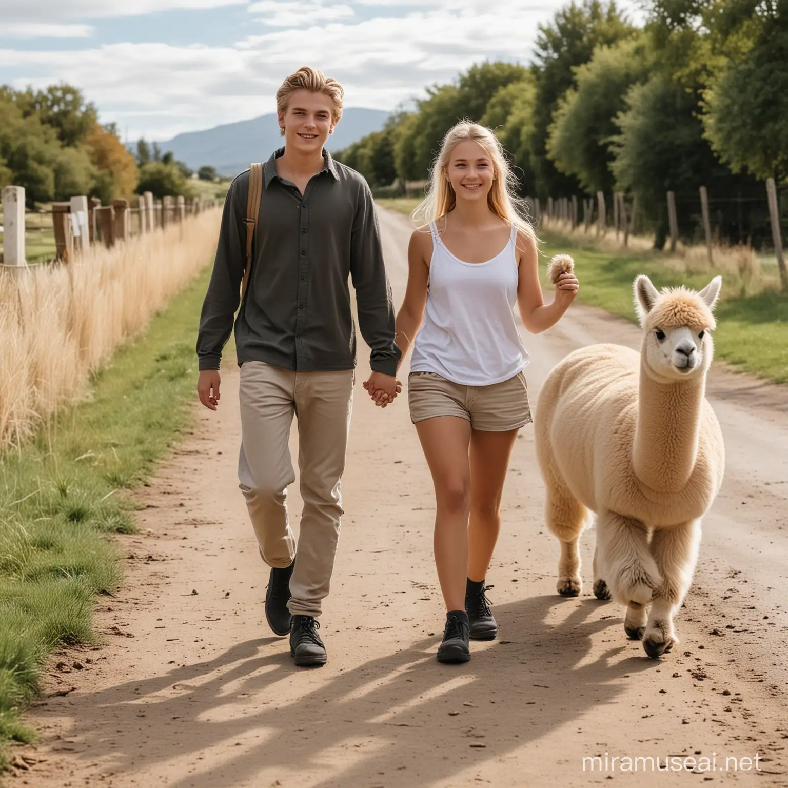 Ein blonder Junge, 15 Jahre, mit Dutt und ein blondes Mädchen mit langen Haaren gehen spazieren und freuen sich. Neben ihnen läuft ein Alpaka.