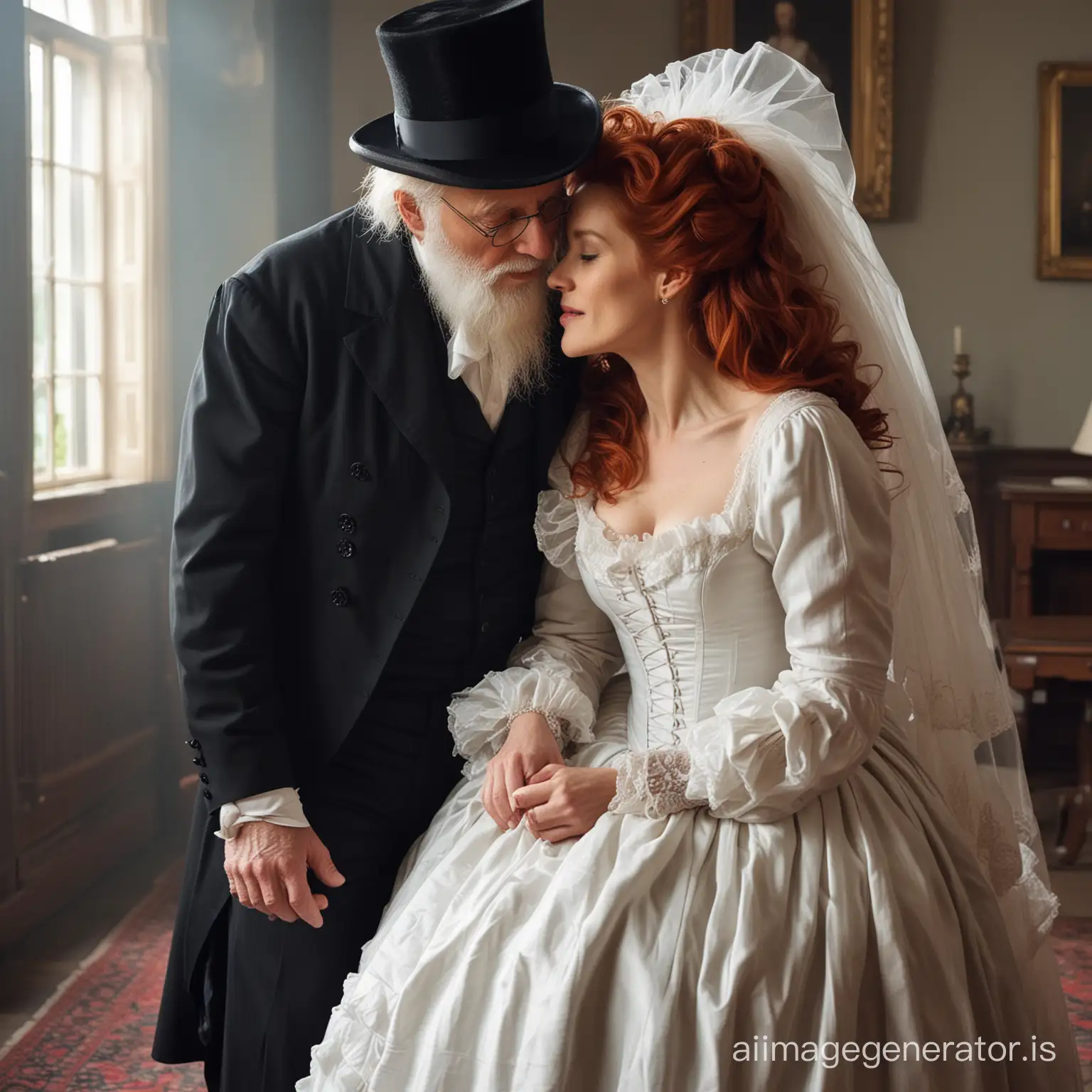red hair Gillian Anderson wearing a poofy black floor-length loose billowing 1860 victorian crinoline dress with  a frilly bonnet kissing an old man who seems to be her newlywed husband

