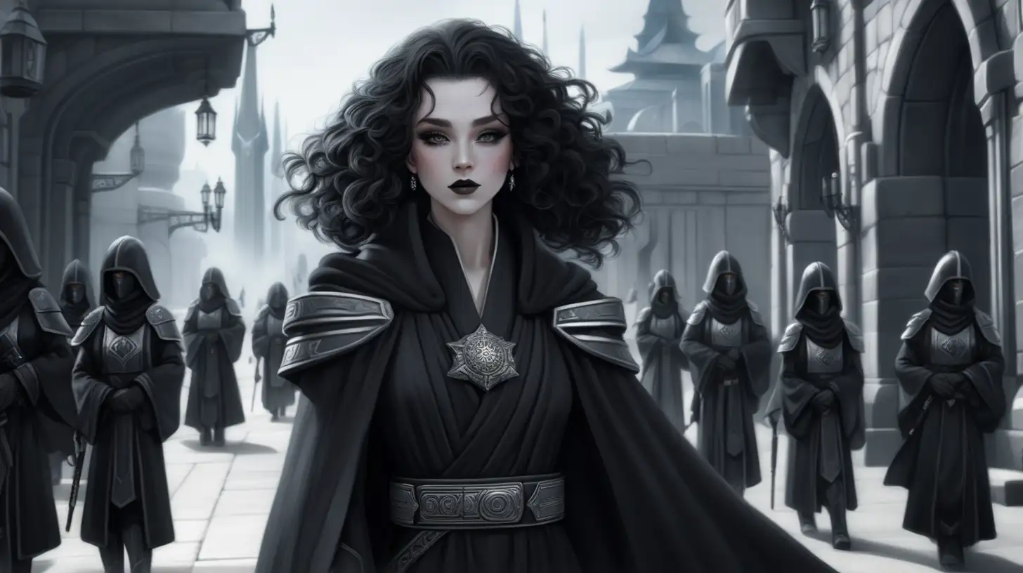 Dreaming city, beautiful, royal attire black curly hair, pale skin, grey eyes, dreaming city, black and grey, jedi robes, female, black make up, black mascara and lipstick, walking the streets, royal guards walking with her