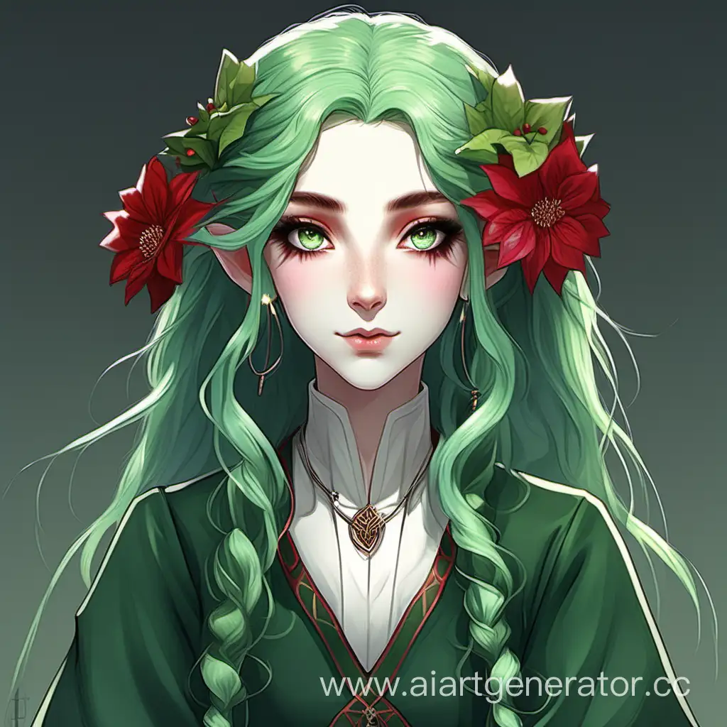 эльфийка , жрец , наивный взгляд , большие зеленые глаза , средней длинны зеленые волосы , красные цветы в волосах , бледноватая кожа , темно зеленые одеяния , портрет