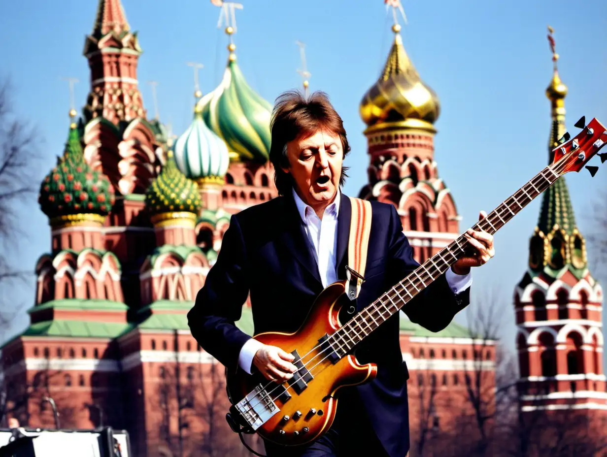 Paul McCartney playing bass in front of the Kremlin in springtime