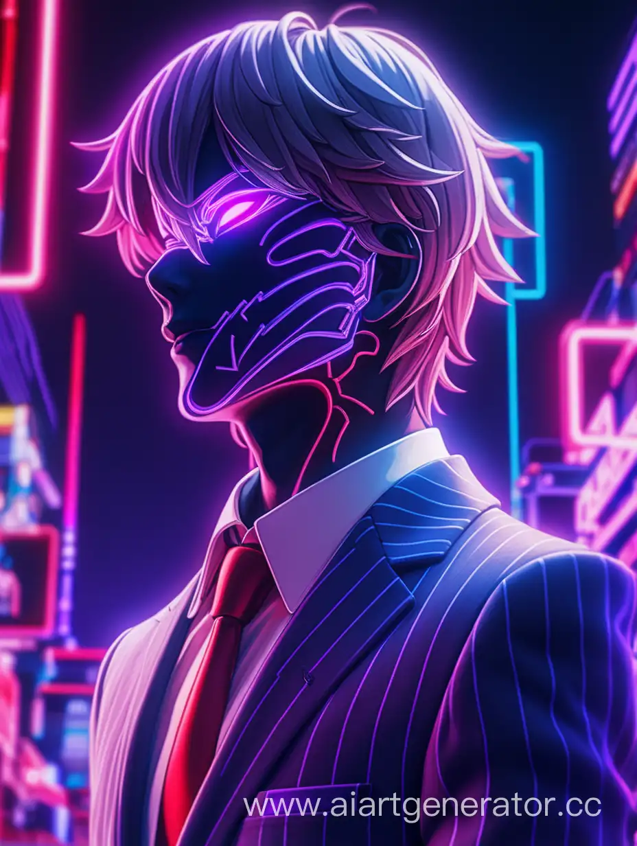 Create an image in which there will be a mysterious man and a beautiful suit over his entire face, looking to the side in a model pose. And in the background there is neon color mixed with red and purple. Anime filter, Anime Style