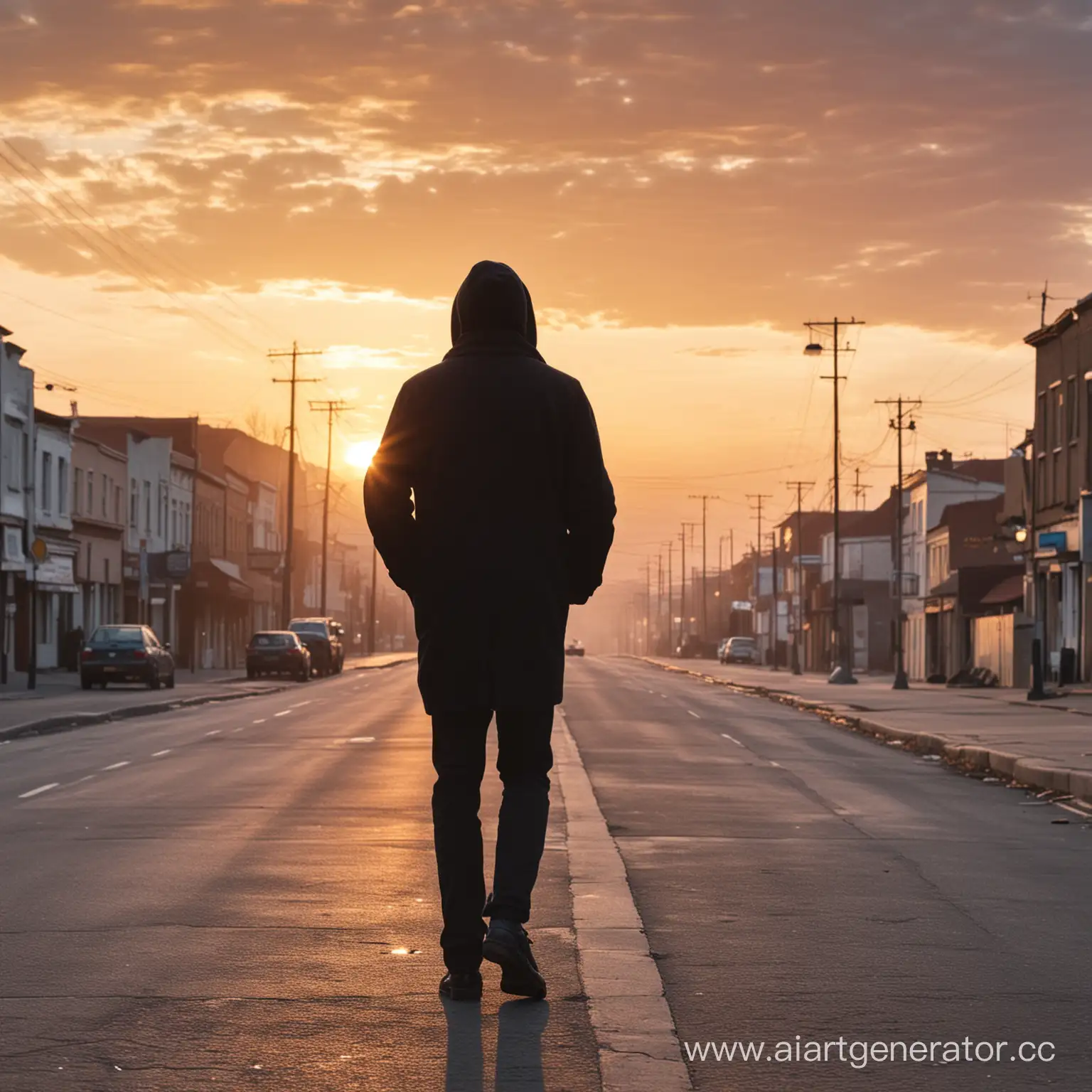 A man with no visible face walks down the street and smokes a cigarette against the background of the sunset