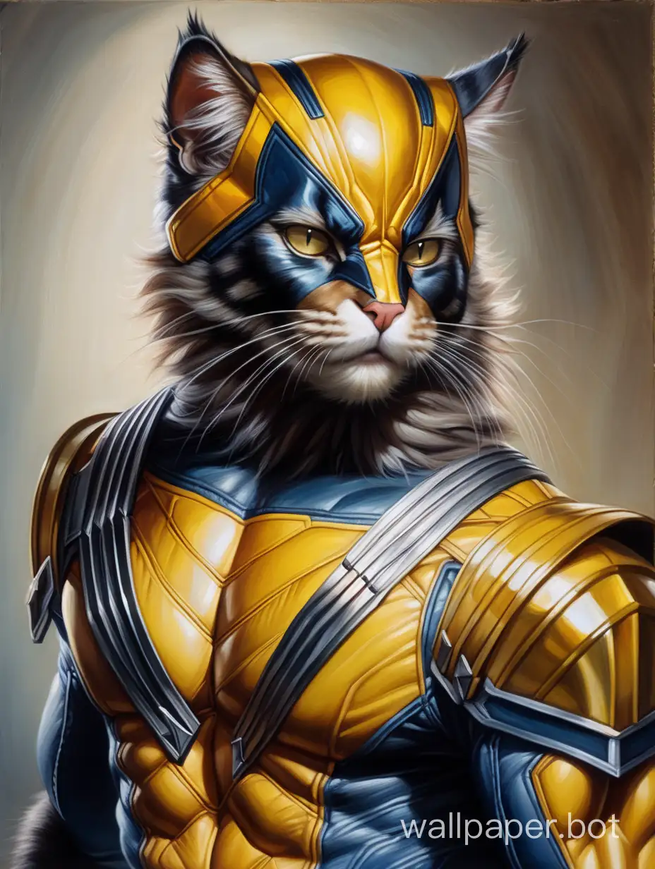 Cat in Wolverine costume, cat head, hero pose, detailed costume, claws, cinematic, cat head with human body, cat-warrior, X-Men, classical portrait, realistic oil painting