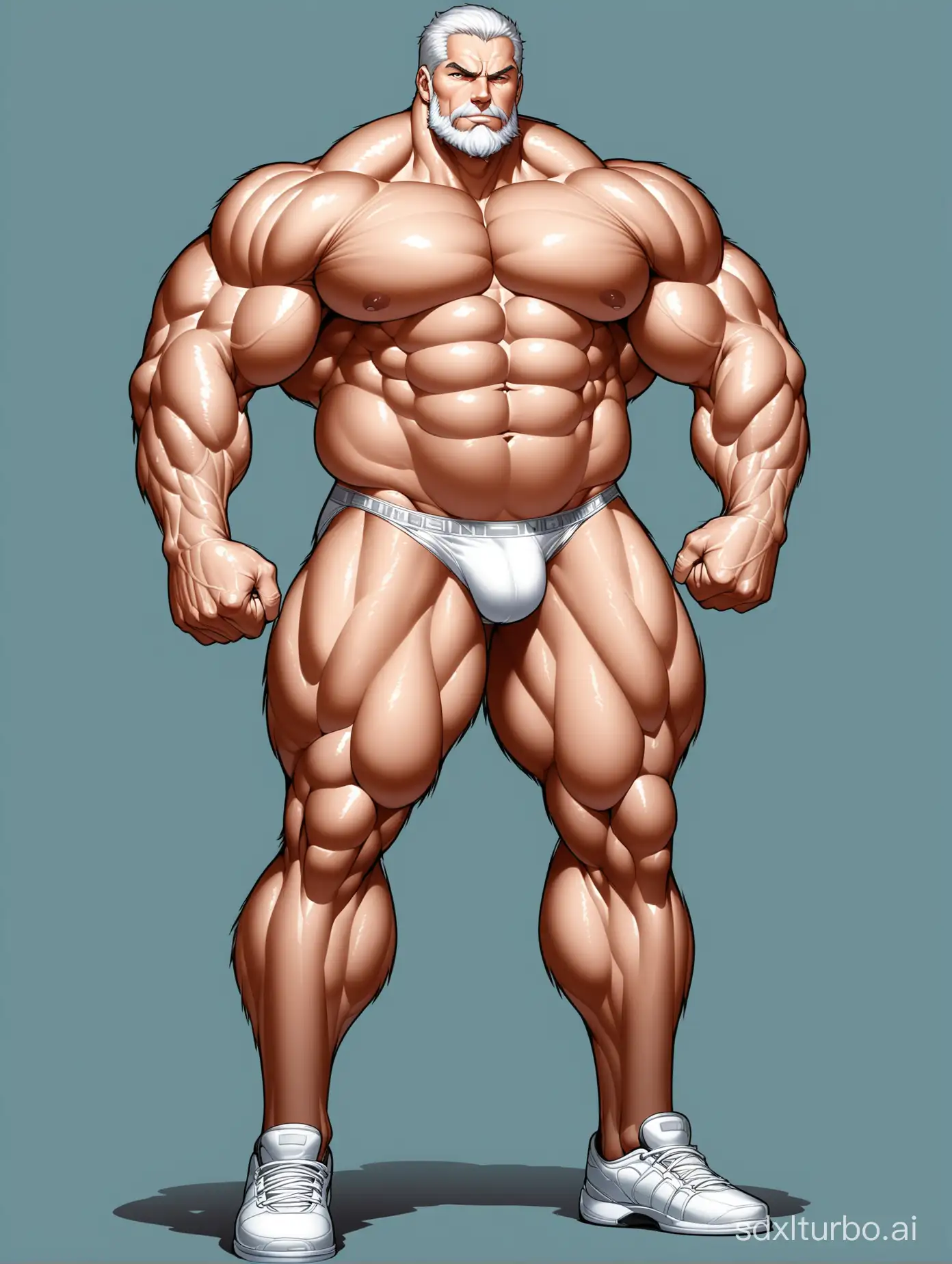 White skin and massive muscle stud, much bodyhair. Huge and giant and Strong body. Very Long and strong legs. 2m tall. very Big Chest. very Big biceps. 8-pack abs. Very Massive muscle Body. Wearing underwear. he is giant tall. very fat. very fat. very fat. Full Body diagram. very long strong legs.very long legs.very long legs. raise his arms to show his huge biceps. wearing white shoes. raise his arms to show his huge biceps.very old man.very handsome men.big cock.