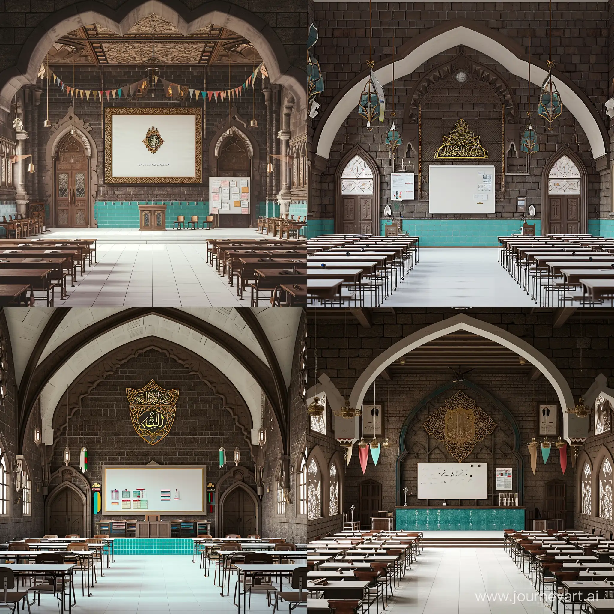 islamic arch vaulted classroom, plain interior made of darkbrown stone bricks, a whiteboard enclosed within golden arabesque frame is hanging on the front, noticeboard having pinned posters is on inwards going side wall, many desks with chairs, white floor, turquoise tiled lower wall, heraldic crest on top, long flag banners hanging from ceiling edges, islamic hanging lamps, minbar pulpit, arched side windows, two doors on front corners