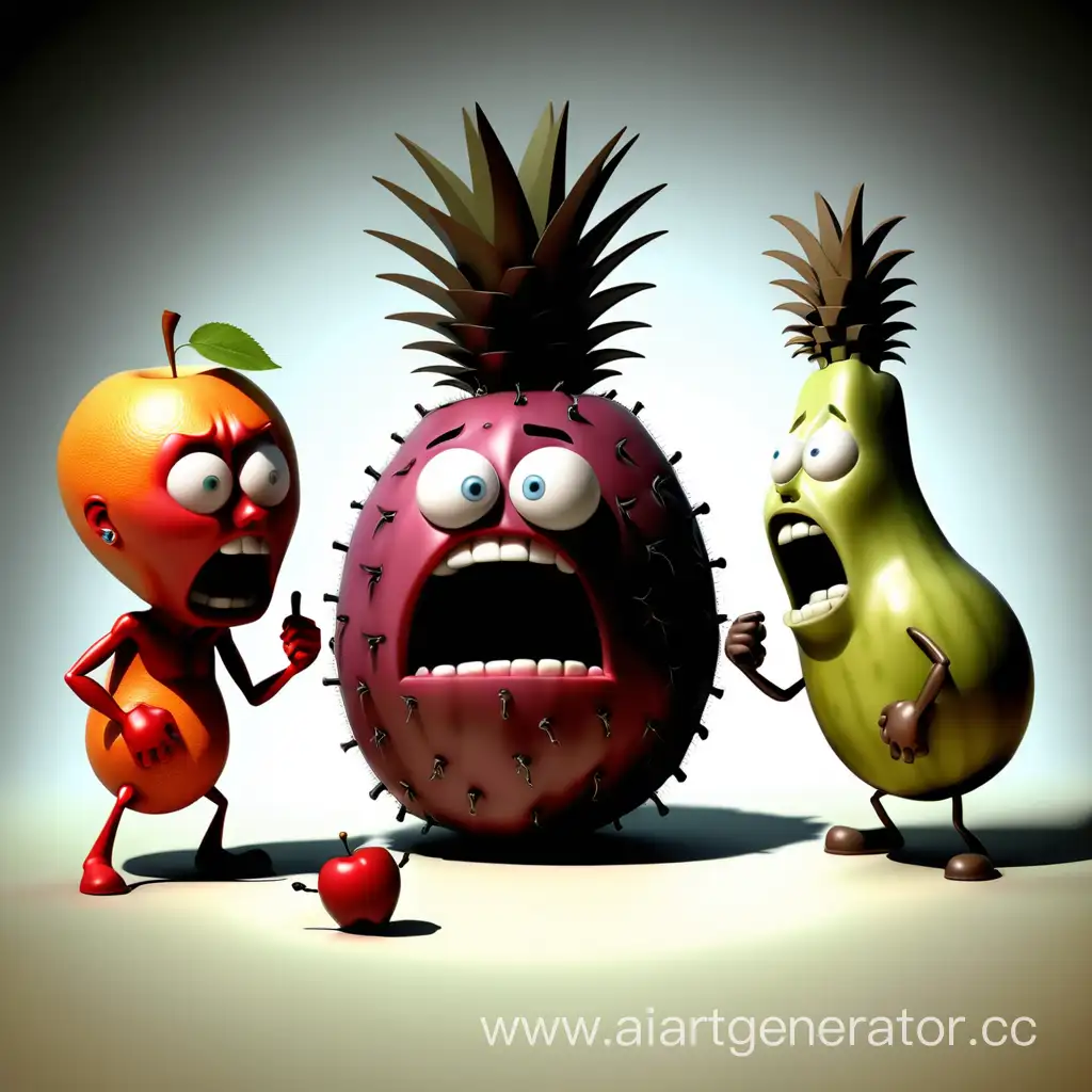 Intense-Fruit-Dispute-Three-Individuals-Engaged-in-Conflict-Over-a-Tempting-Fruit