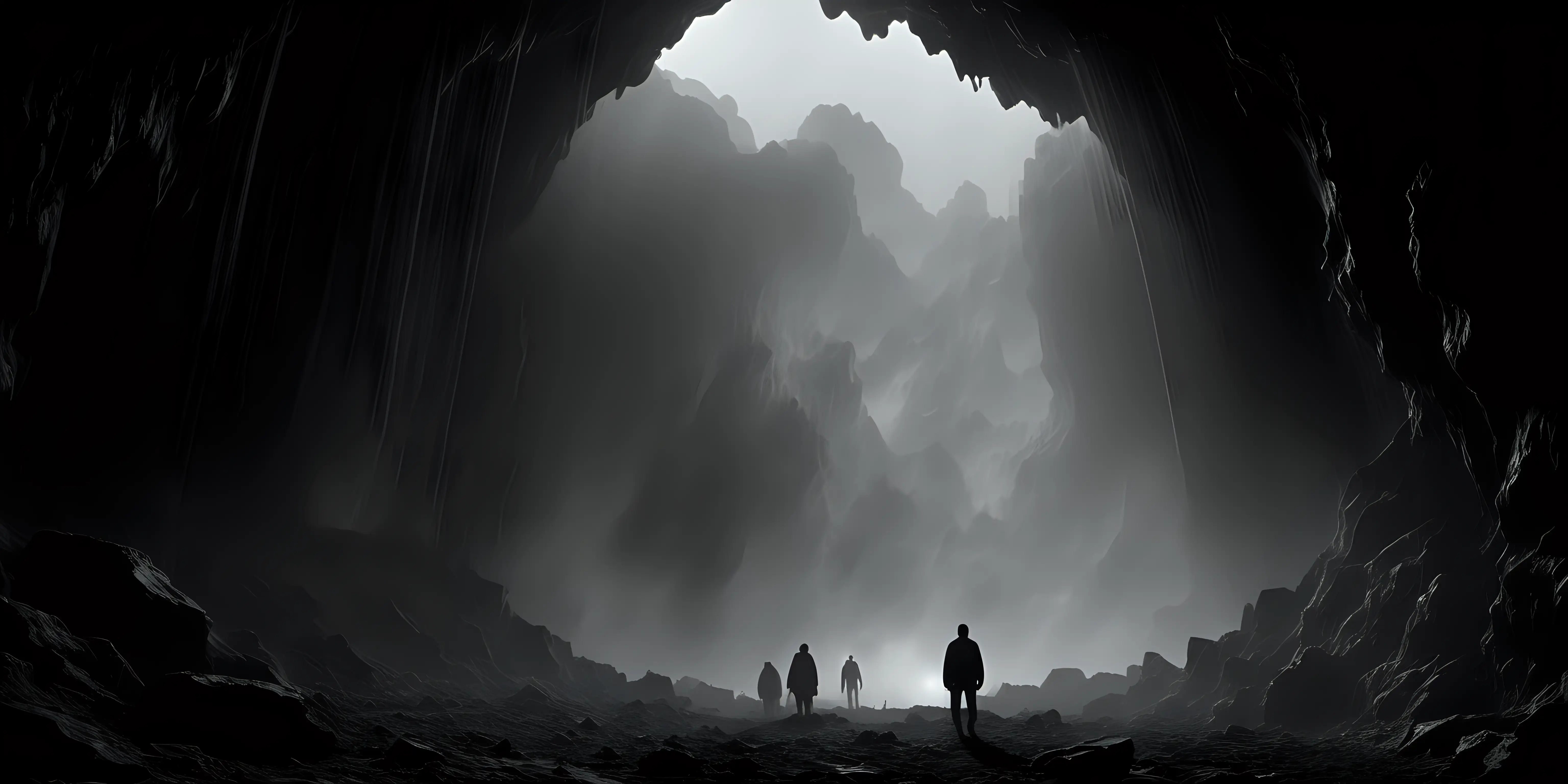 Dystopian Realism Cinematic Mist Cave Scene with Expansive Skies