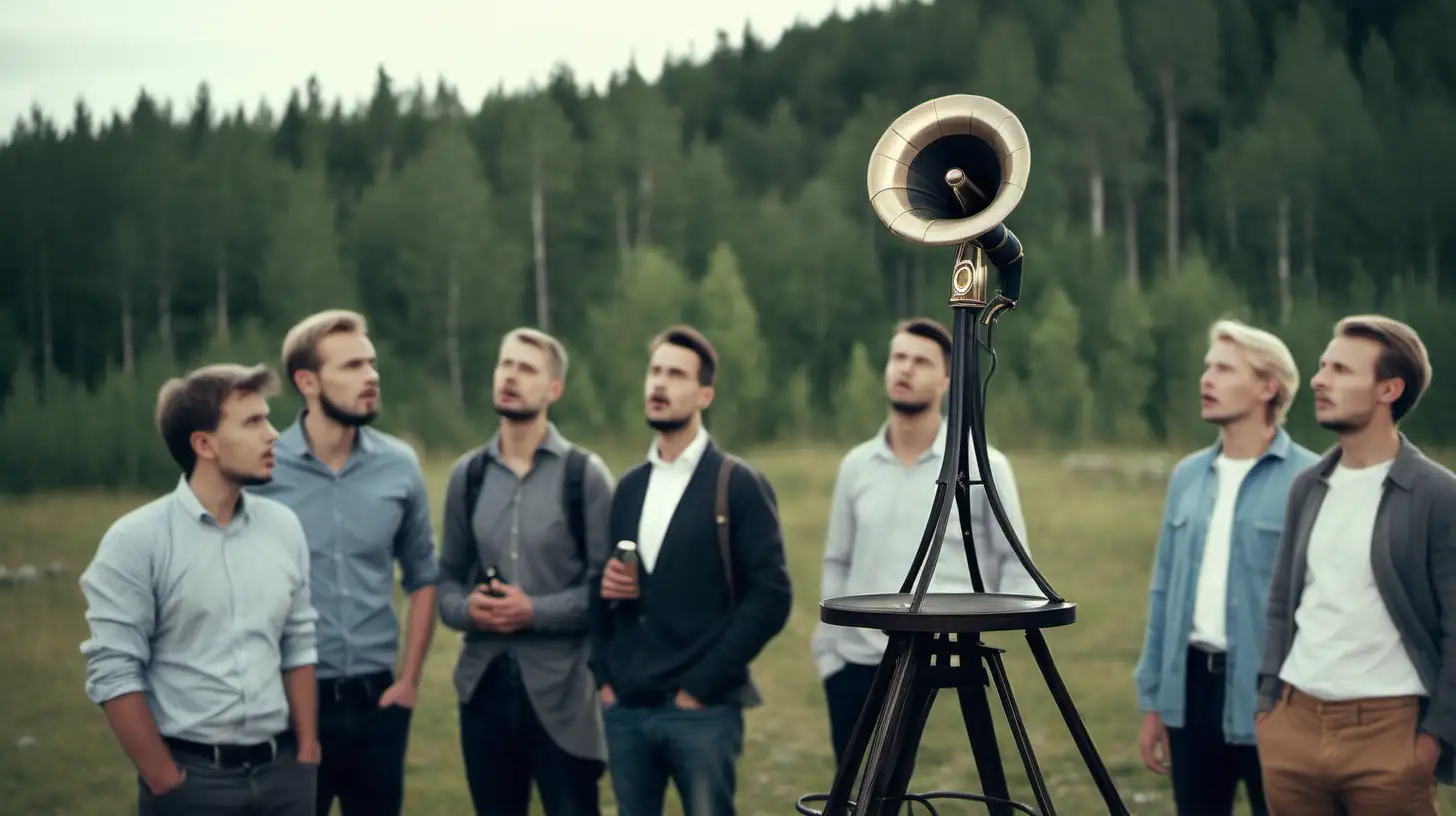 Man talking in old microphone i front. Loadspeakers looking like old gramaphone tower. 6 people listening. In norway. out door

