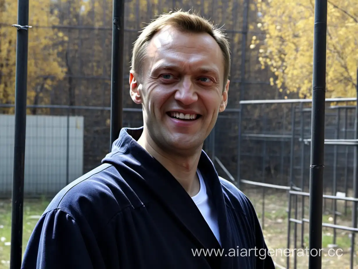 alexei navalny in prison robe, angle 3/4, smiling, behind prison yard, fence, sunny day, trees