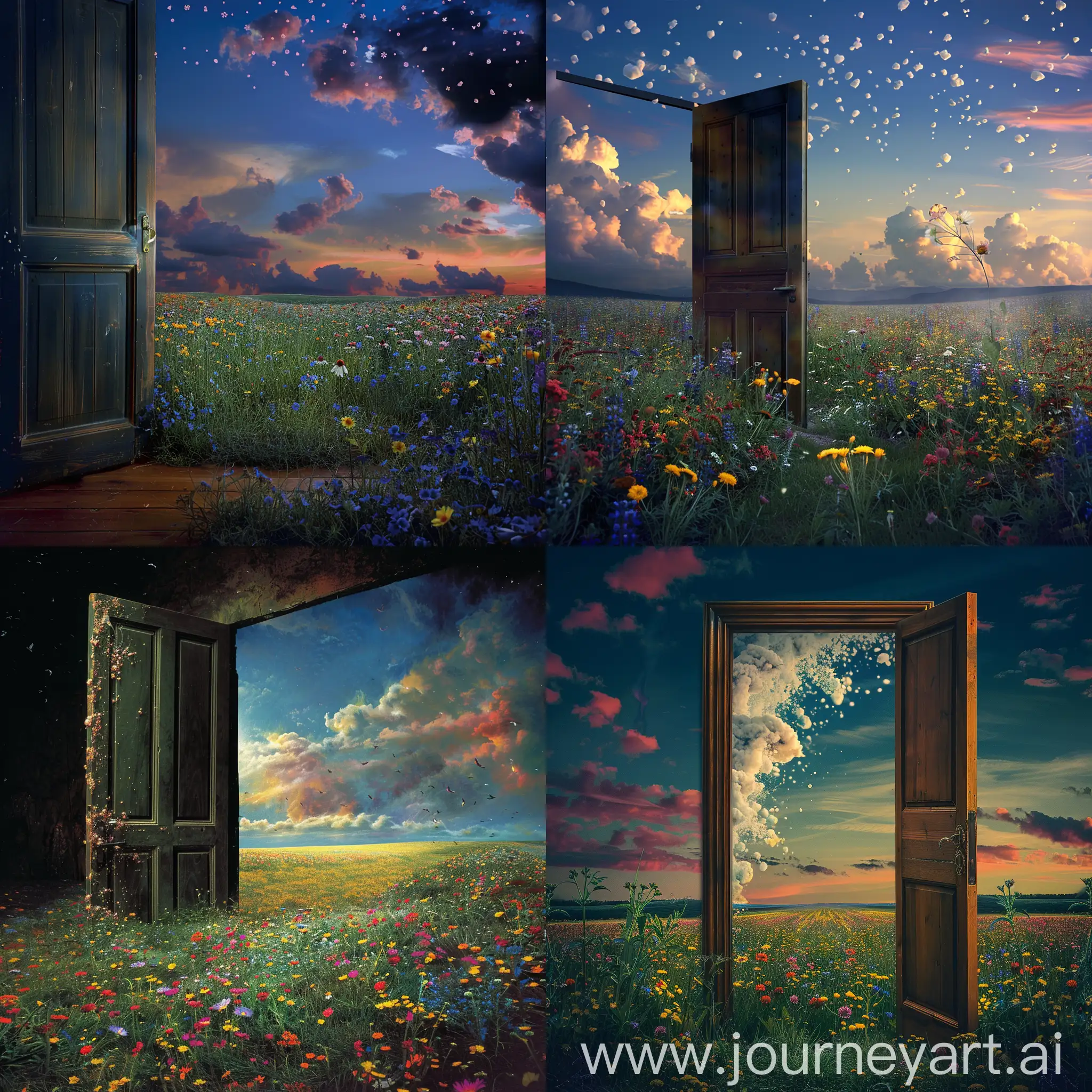 封面上呈现一张半开的门，背景是广袤的野花田野和棉花糖般的色调的天空，刷掉偏暗