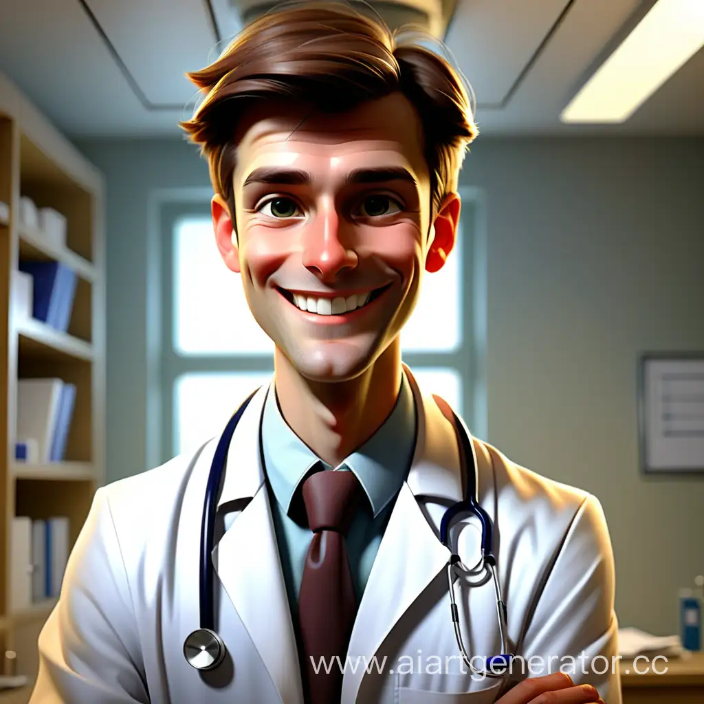 A kind humble smart-looking young doctor smiles warmly