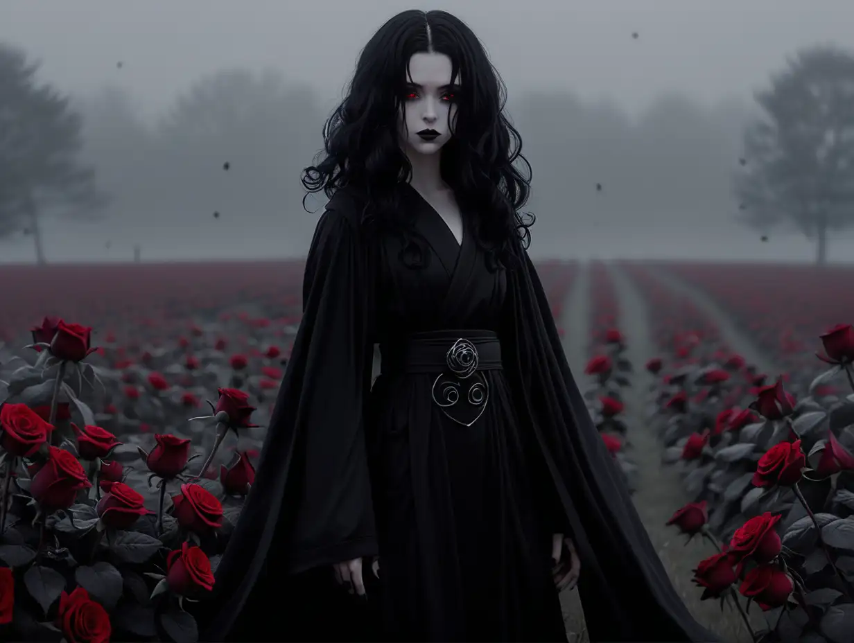 Black haired woman in black robes. goth, female, pale skin, long curly black hair, jedi, black makeup, streaking mascara, black jedi robes, black roses in her hair, saddened, standing in a foggy field of black roses, fantasy, no one in the background. Anime. Red eyes