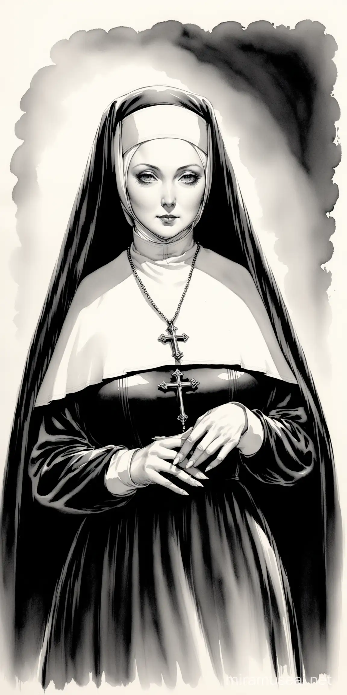 Victorian Era Ink Painting of a Mature Nun in Black and White