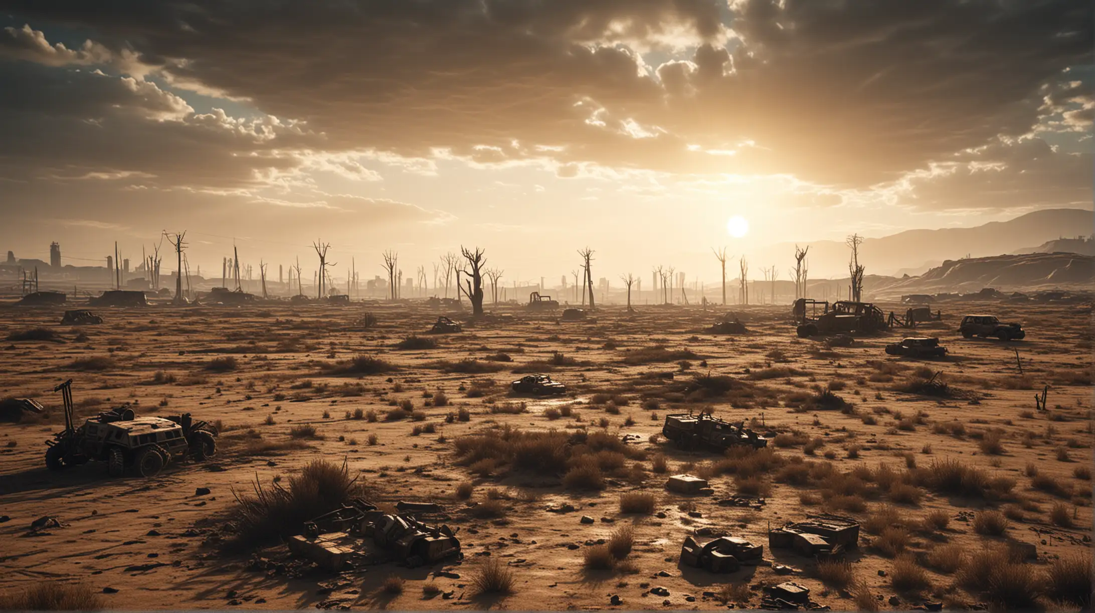 post apocalyptic field, cinematic lighting, drought, cyberpunk