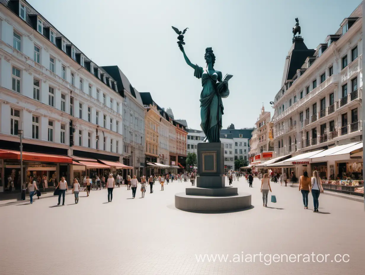 a city with a statue and shopping area
