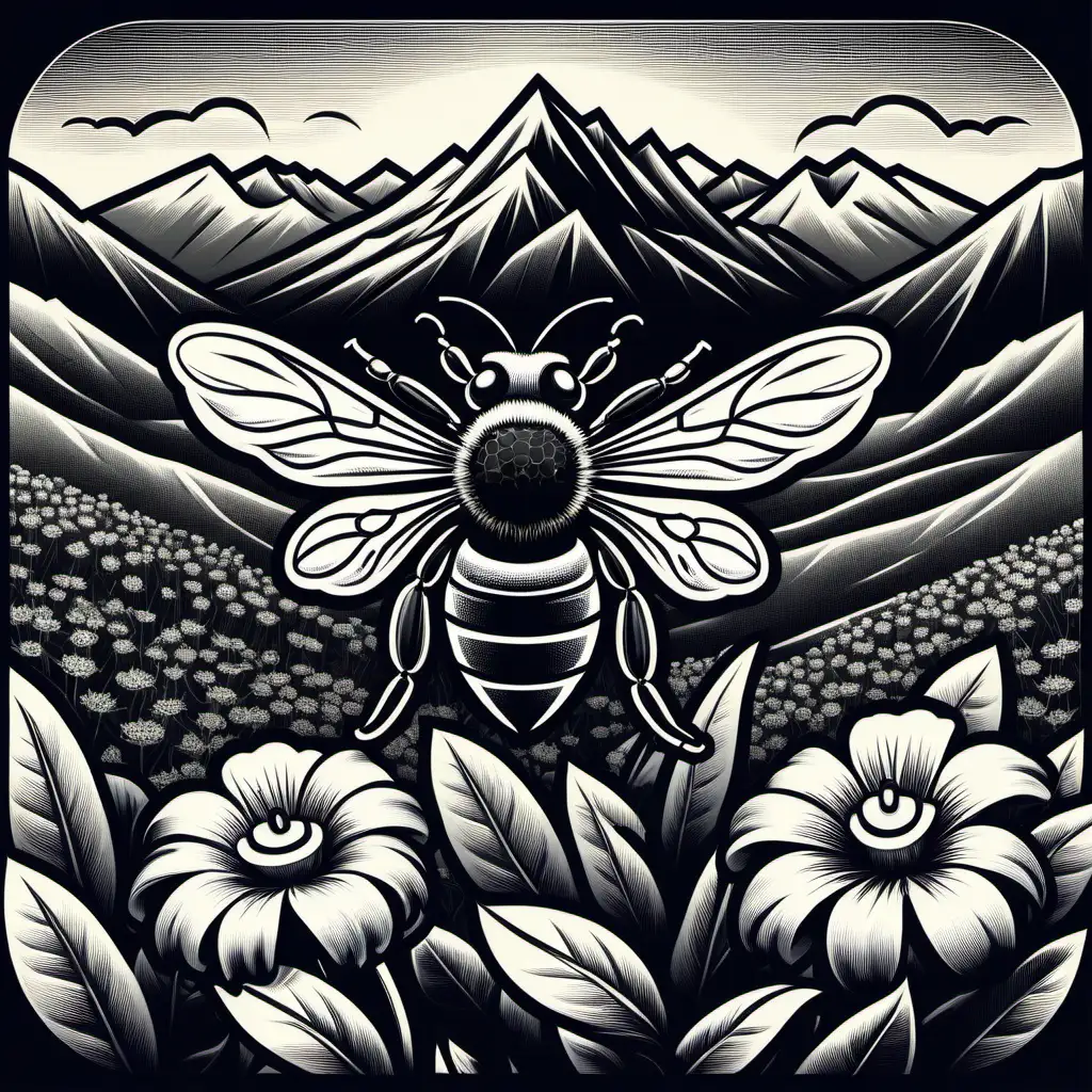 a huge bee in a flower,  black and white icon style, with depiction of tropical mountains behind. No midjourney watermark Im PRO 
