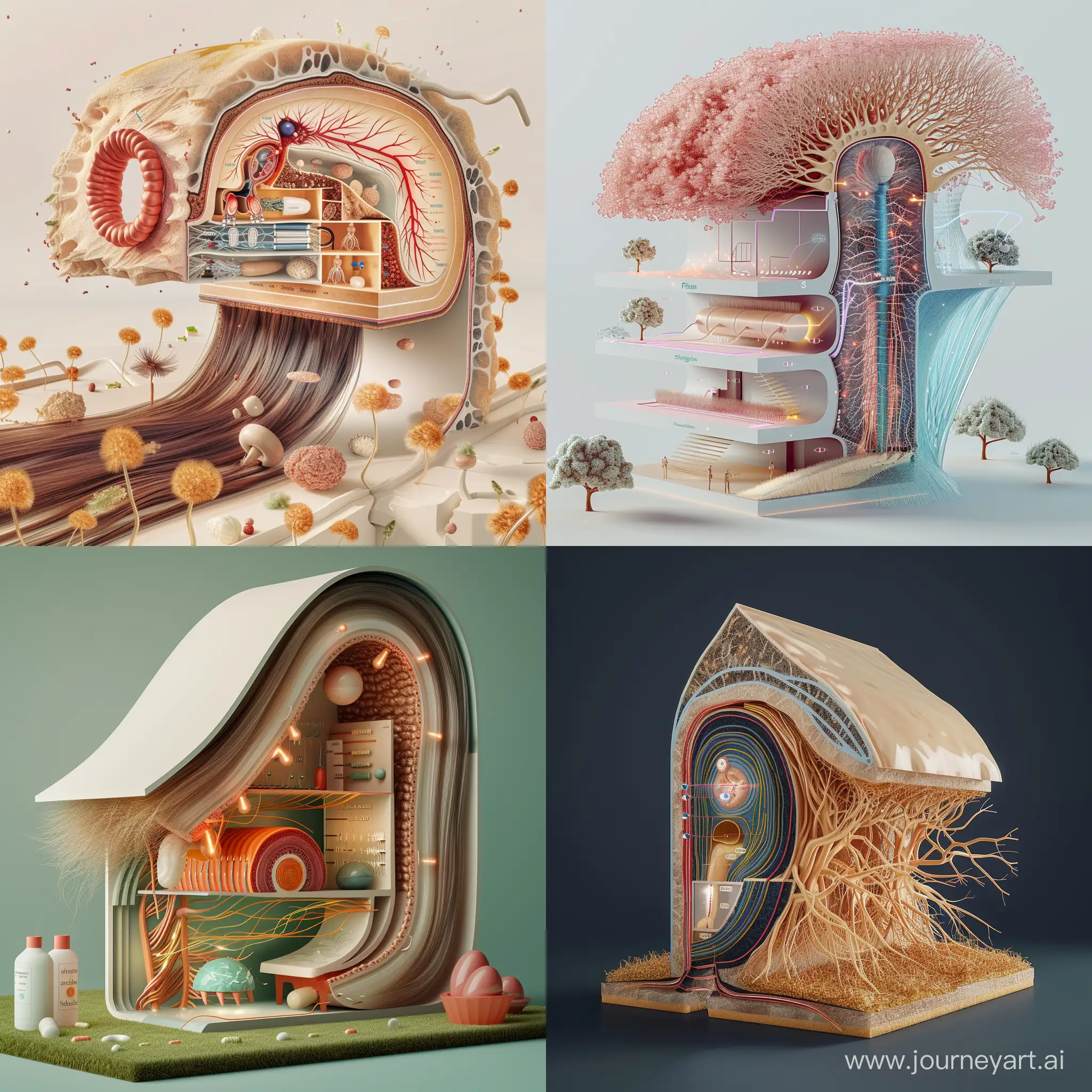 the world of a one hair follicle in 3D section with a diagram of its contents, Évariste Vital Luminais, detailed cross-sectional illustration of a hair, computer rendering, panfuturism, simple, levels like a house