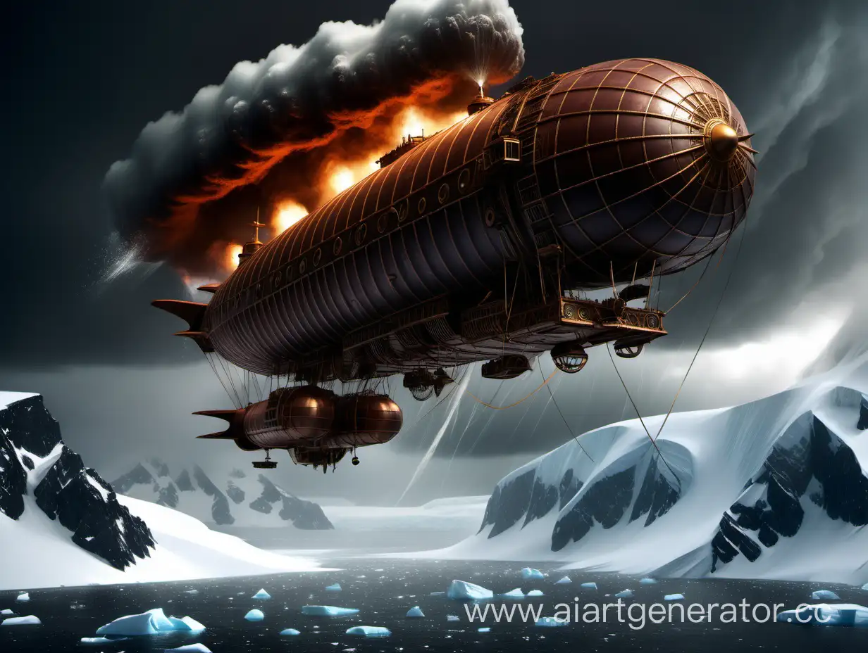 Steampunk-Airship-Explosion-over-Antarctic-Mountains-during-Storm