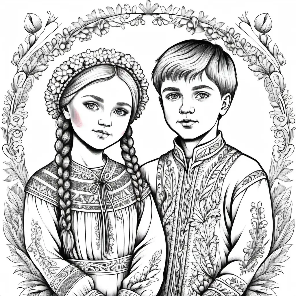 Ukrainian Folk Style Coloring Page Featuring Boys and Girls