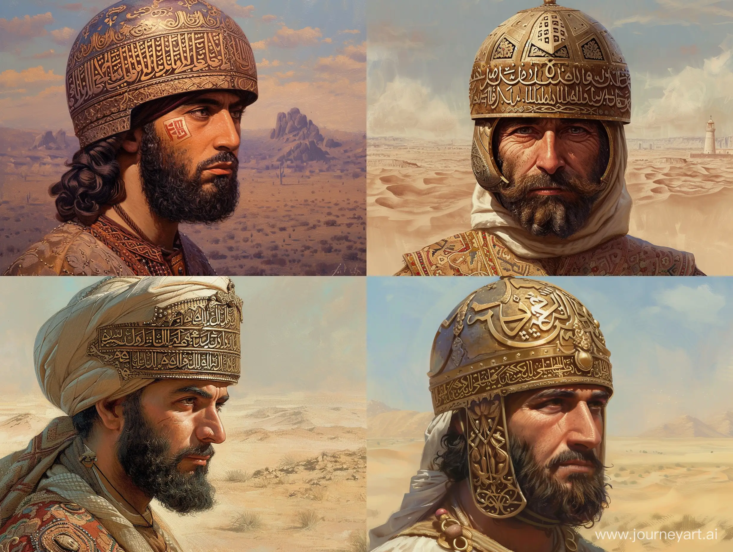 Portrait of an Iranian man, with a little thick van dyke beard, wearing an ottoman helmet with intricate arabic carvings. The background is a desert