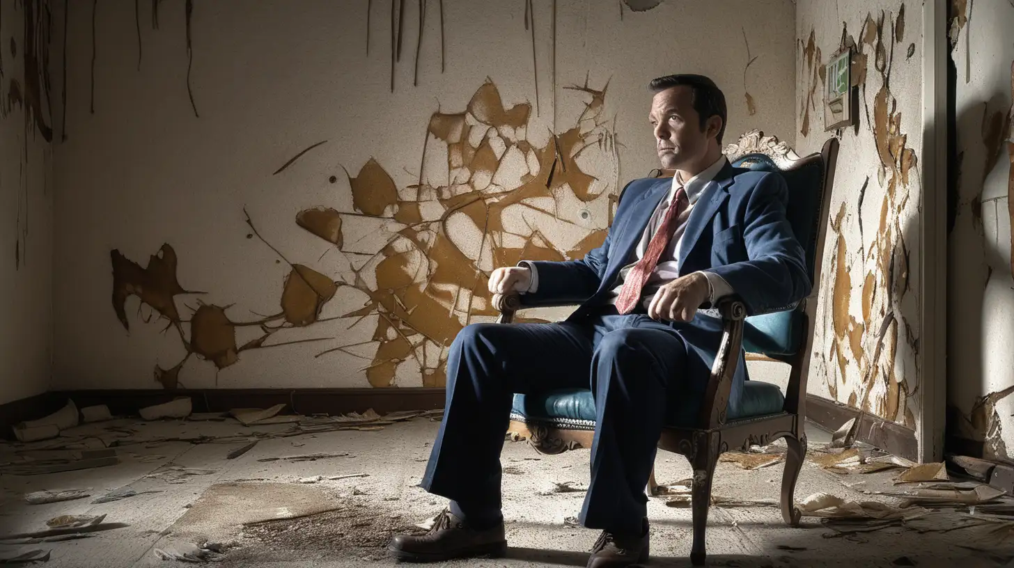 american comic, cinematic lighting, 1man, 40-years-old, sitting in creaky old chair, staring at the peeling paint on the walls