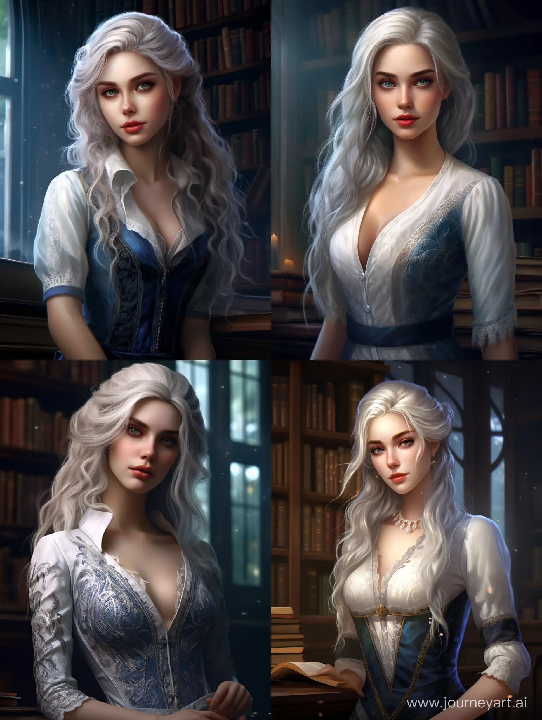 young woman elf, white hair, noble fantasy librarian clothing blue and white clothing, library background, portrait