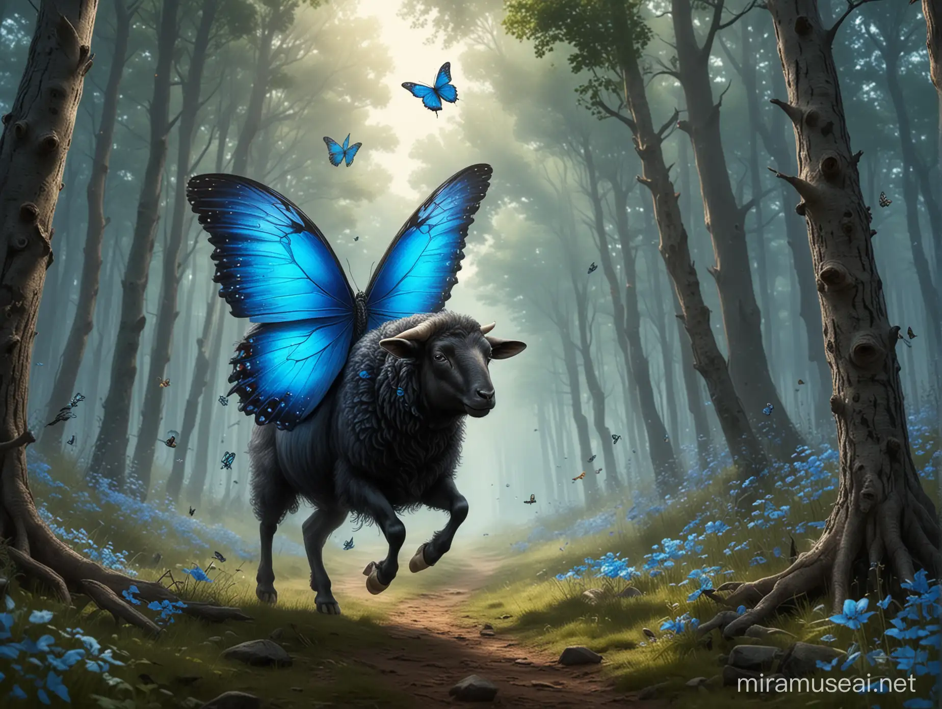 un mouton noir qui a des ailes de papillon bleu magnifique vole au dessus de la forêt